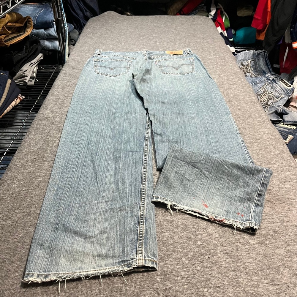 Levis 559 Relaxed Straight Jeans Mens 36x34 Light Wash Distressed Blue Denim